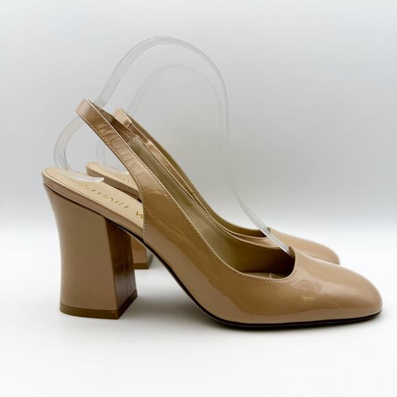 Stuart Weitzman Womens Curve Block Slingback Heels US 8 Nude Patent Leather NWOB - Picture 5 of 12